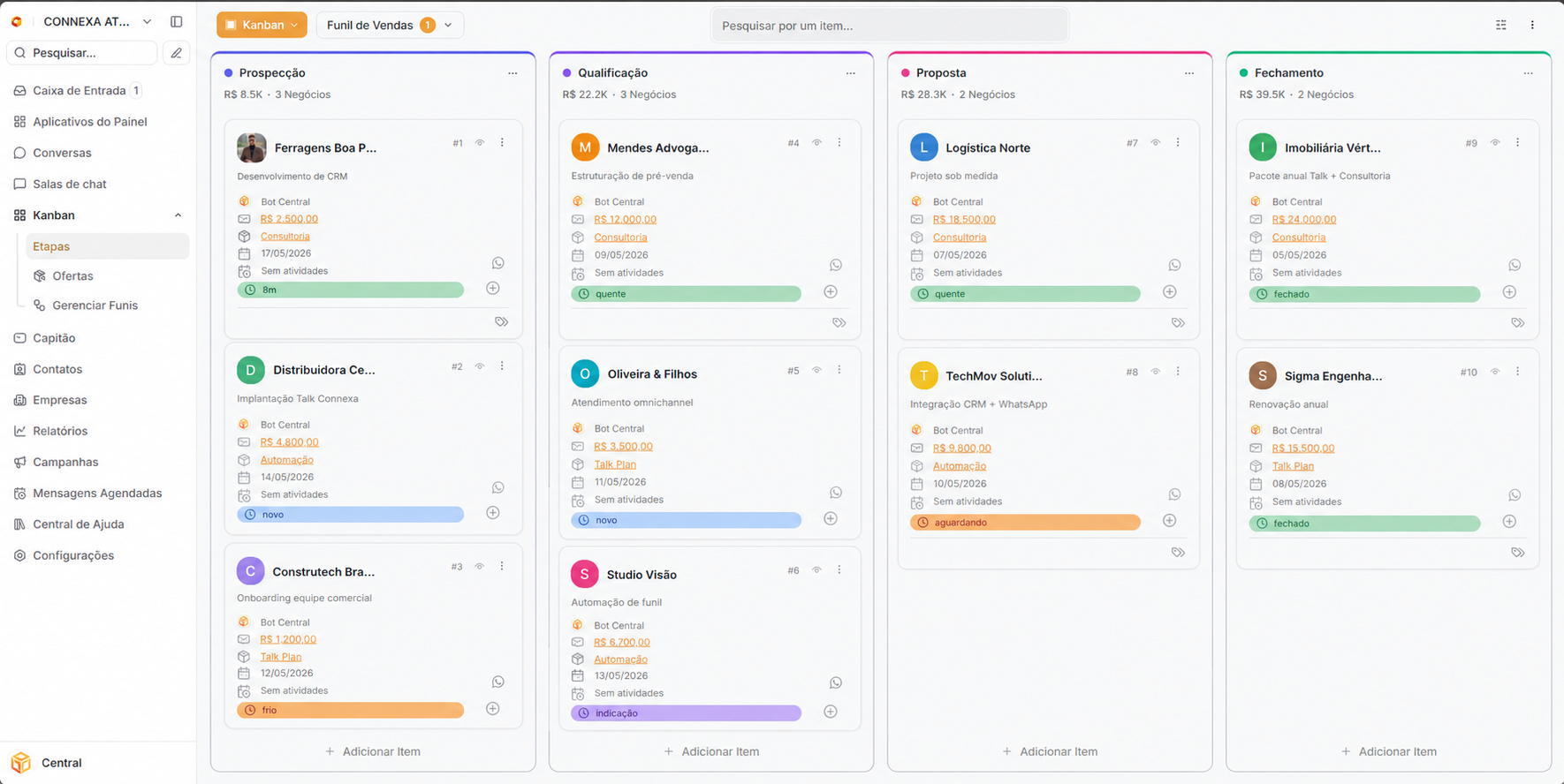 Funil kanban do Talk Connexa
